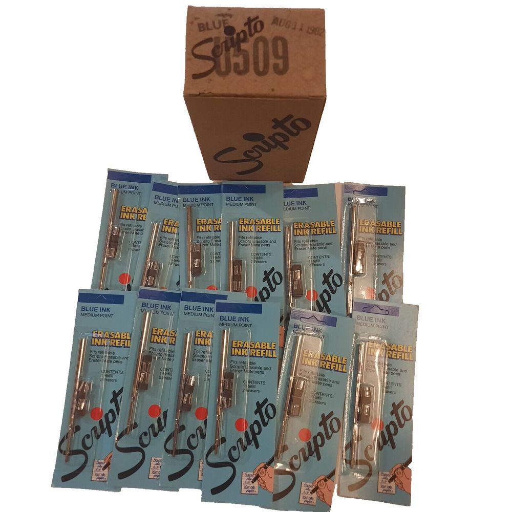Vintage SCRIPTO Blue Erasable Ink Refill - Medium Point - Box Lot Of 12 - NOS